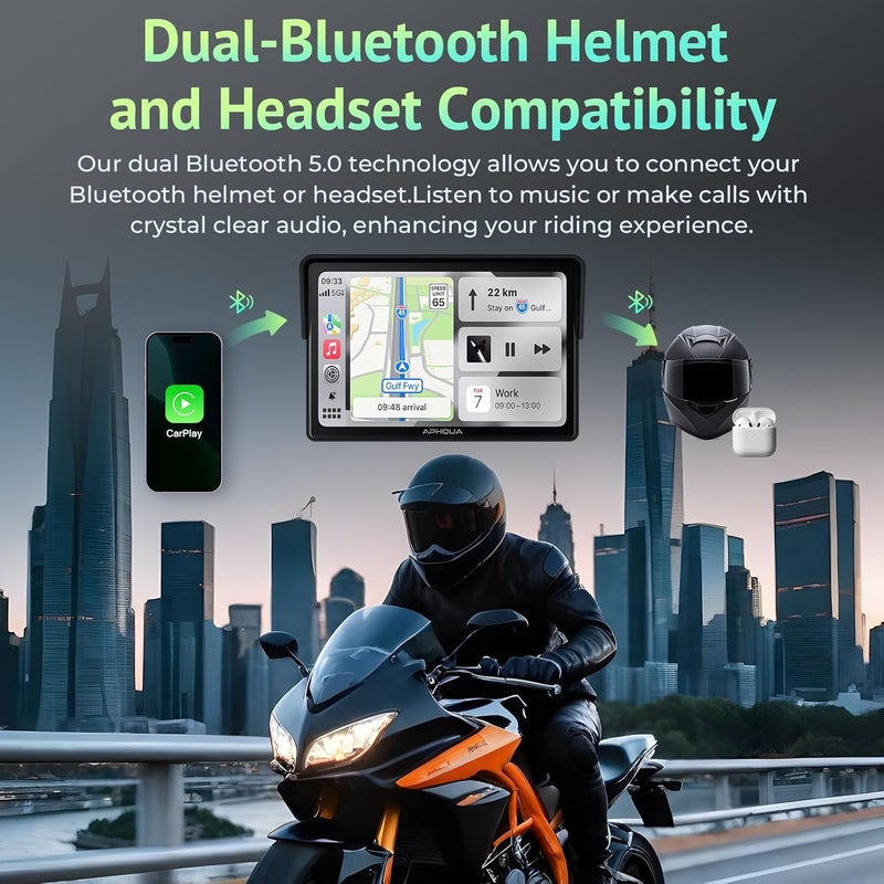 aphqua 5 Inch Motorcycle CarPlay & Android Auto Display – IP67 Waterproof Touchscreen, Dual Bluetooth, TF Card, GPS Navigation, Voice Control, Universal Mount – 522 - Image 3